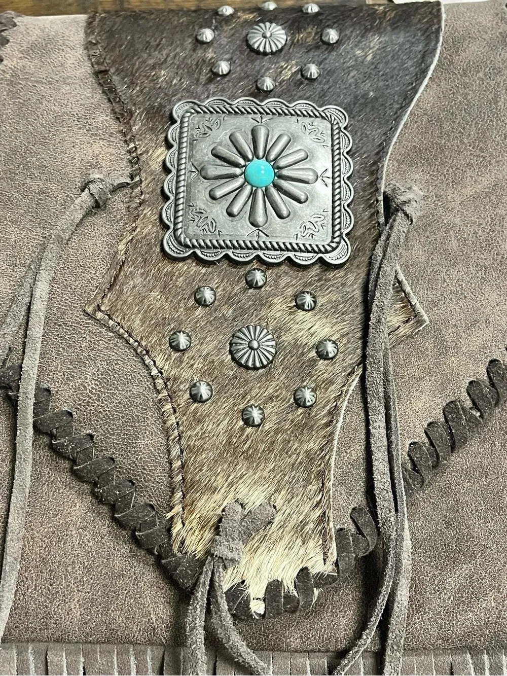 Trinity Ranch Coffee Fringed Suede Crossbody Bag with Turquoise Accent - Brown
